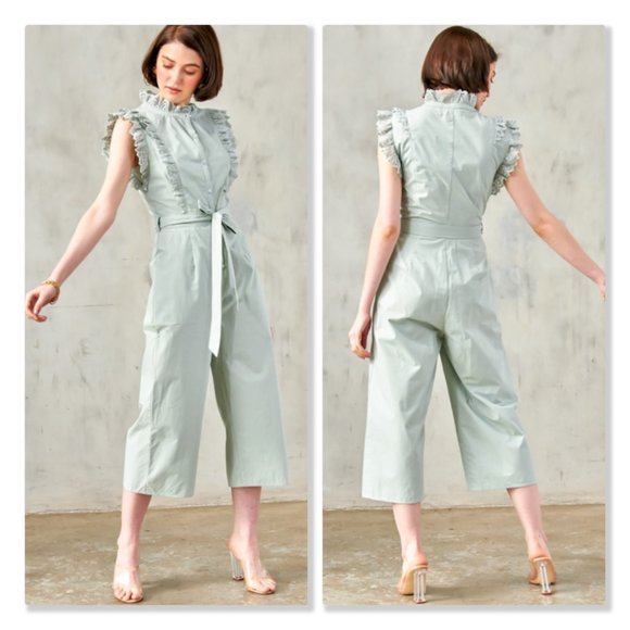 Sage Lace Trim Sleeveless Jumpsuit With Waist Tie